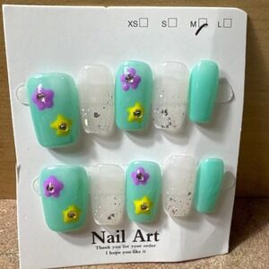 Mint Green Floral Press On Nails Medium Clear Glitter Rhinestone 10pc